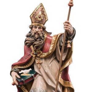 statue of saint gregorio, wooden sculpture from Val Gardena. The statue is carved in maple wood and hand painted