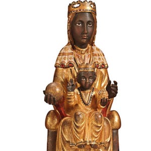 Madonna Montserrat statue, wooden sculpture from Val Gardena. The statue is carved in maple wood and hand painted