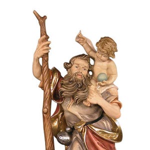 statue of St. Christopher, wooden sculpture from Val Gardena. The statue is carved in maple wood and hand painted