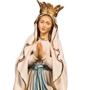Madonna Lourdes statue with crown, wooden sculpture from Val Gardena. The statue is carved in maple wood and hand painted