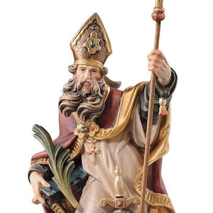 statue of saint maximilian, wooden sculpture from Val Gardena. The statue is carved in maple wood and hand painted