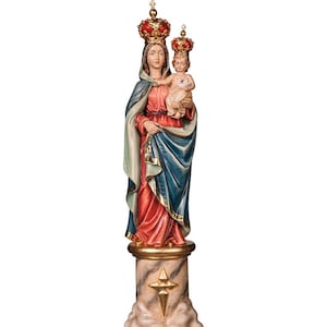 Madonna del Pilar statue, wooden sculpture from Val Gardena. The statue is carved in maple wood and hand painted