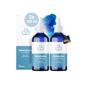May include: Two 100 ml bottles of 1% Methylene Blue solution, labeled "reinst, USP Pharma Grade". The bottles are blue with white labels and white dropper caps. The bottles are on a white background with a blue and white label that says "2x 100 ml".