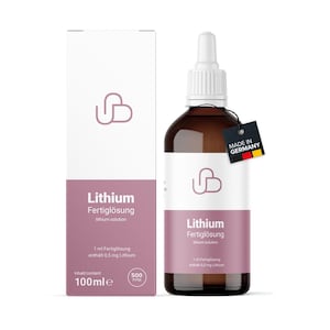 Puede incluir: Una botella de vidrio marrón con una tapa cuentagotas blanca y una caja a juego. La etiqueta dice "Lithium Fertiglösung" en texto blanco sobre un fondo malva. Una pequeña etiqueta dice "MADE IN GERMANY". La botella contiene 100 ml.