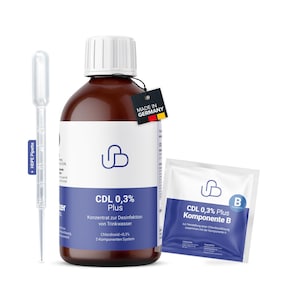Puede incluir: Una botella de vidrio marrón con una tapa blanca etiquetada "CDL 0,3% Plus" y una etiqueta azul con el texto "Konzentrat zur Desinfektion von Trinkwasser Chlordioxid 0,3% 2-Komponenten System". Junto a la botella hay un paquete blanco etiquetado "CDL 0,3% Plus Komponente B".