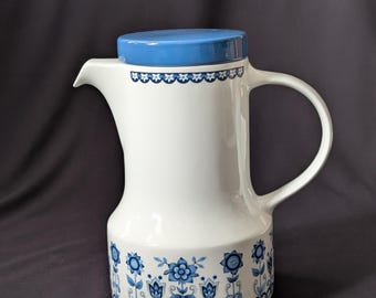 Johnson Brothers vintage retro coffee pot teapot with blue and white geometric floral pattern Tudor Blue Ironstone