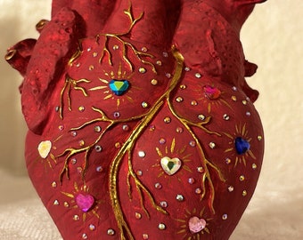 SACRED Anatomical Heart Flower Vase Unique Art Piece Handmade Crystal Rhinestone