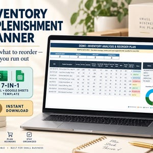 May include: A laptop displaying an inventory replenishment planner spreadsheet with columns for SKU, product description, and stock status. The screen shows a demo inventory analysis and reorder plan with a colourful donut chart for inventory status.