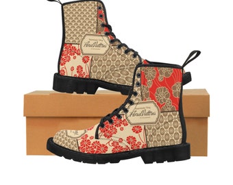 Women's Canvas Boots, Floral Pattern Red Tan