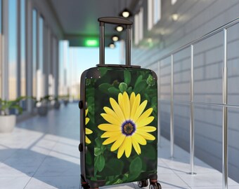 Suitcase, Yellow Daisy, Green Background