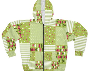 Unisex Zip Hoodie (AOP), Light Green Stripes Daisies & More Patterns