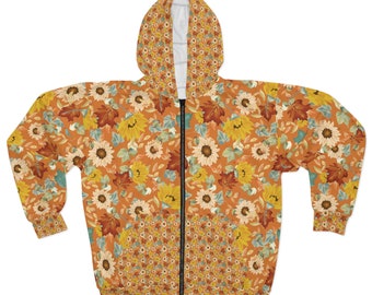 Unisex Zip Hoodie (AOP), Hippie-Like Orange Brown Yellow Daisies