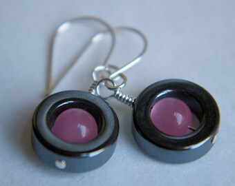 Dreamy Hematite and Cats Eye Sterling Earrings
