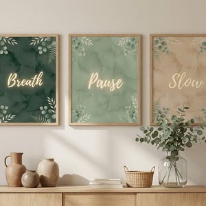 Botanical Mindfulness Prints, Sage Green Wall Art, Breath Pause Slow Japandi Decor (Digital Download)