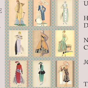 Afdrukbare kaarten art-decostijl jaren 1920, set van 9, flappermode, Parijs-femmestijl, vintage tijdschriftillustraties, collage, kaarten, vintage tijdschriftillustraties, collage, kaarten