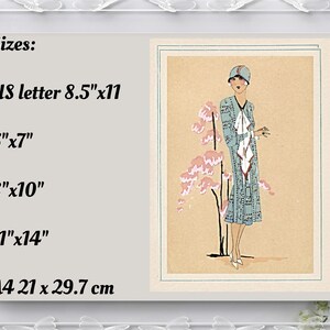1920s Art Deco fashion illustration from Tres Parisien magazine showing a stylish woman in powder blue dress with white tie collar and matching cloche hat, standing beside pink cherry blossoms. Digital wall art from French vintage fashion publication.