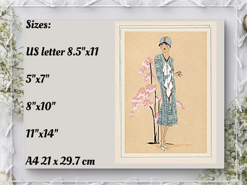 1920s Art Deco fashion illustration from Tres Parisien magazine showing a stylish woman in powder blue dress with white tie collar and matching cloche hat, standing beside pink cherry blossoms. Digital wall art from French vintage fashion publication.