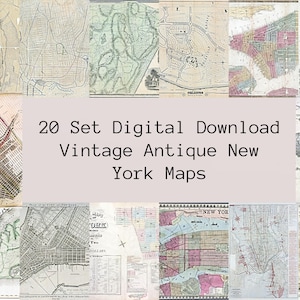 May include: A collection of 20 vintage antique New York maps, digitally available. The maps display various historical layouts of the city, with detailed street grids and geographical features. The maps are in shades of beige, green, pink, and brown.
