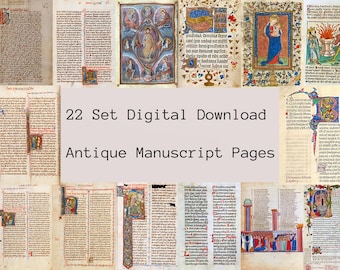 Páginas del libro de oraciones medievales con manuscritos iluminados / Descarga digital / 22 grabados de textos religiosos históricos en latín / Colección de arte auténtica
