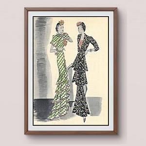 Ilustracja mody vintage | Suknie wieczorowe z lat 30. XX wieku do pobrania w wersji cyfrowej | Suknie z zieloną kratką i nadrukiem kwiatowym | Sztuka ścienna w stylu art déco