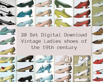Vintage Shoe Fashion Illustration, 20 Image Digital Download Set, 19th Century Ladies Footwear Prints, Not AI Generated Antique Art