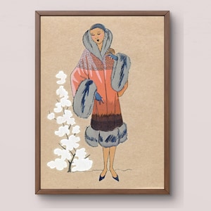 1920er Jahre Pelzmantel Illustration | Art Deco Wintermode | Flapper Ära Digitaldruck | Vintage Koralle & Blau