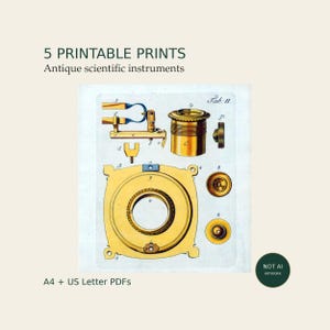 Może przedstawiać: Cyfrowy wydruk przedstawiający zabytkowe przyrządy naukowe w odcieniach złota i błękitu. Tekst zawiera 5 PRINTABLE PRINTS Antique scientific instruments, Tab. II oraz A4 + US Letter PDFs. Zilustrowano różne elementy mechaniczne.