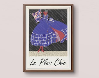 Art Deco Fashion Print | Vintage Paris Le Plus Chic Wall Art | Kobieta w deszczu z lat 20. XX wieku do pobrania w wersji cyfrowej | Francuska ilustracja modowa