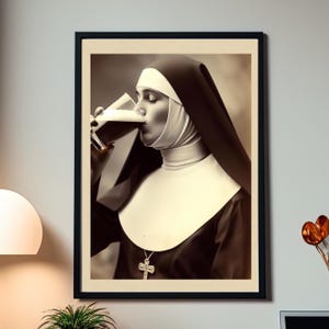 Nun Drinking Guinness Art Print. Vintage Style Humorous Image of a Nun Drinking a Beer. Religious humor. High Quality Instant Download JPEG.