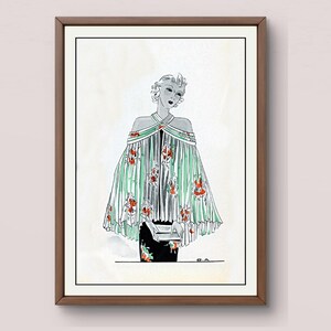 Vintage Fashion Illustration Print | Art Deco Woman in Striped Dress | Digital Download Wall Art | Retro Style Home Decor