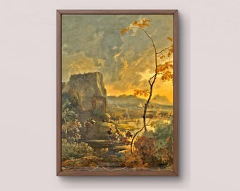 Printable Fine Art, Pastoral Italian Landscape Digital Download | Golden Sky Ancient Ruins Art Print | Multiple Sizes Home Decor Wall Art