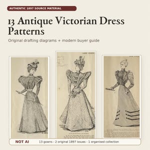 Viktorianska sömnadsmönster, antika klänningsmönster, historiska dräktteckningar, klädsömnadsbok, 13 klänningar 1897 digital nedladdning