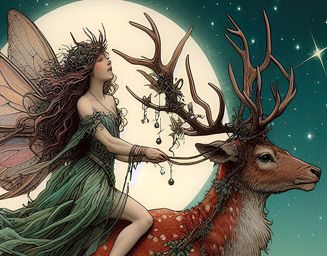 St Teilo Riding Stag Fairy Riding a Stag Art Print. Ethereal Illustration of a Fairy on the ...