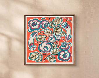 抽象的な花のイラスト、アンティークなカラフルな花の壁アートプリント、スタイリッシュな室内装飾用、正方形の絵