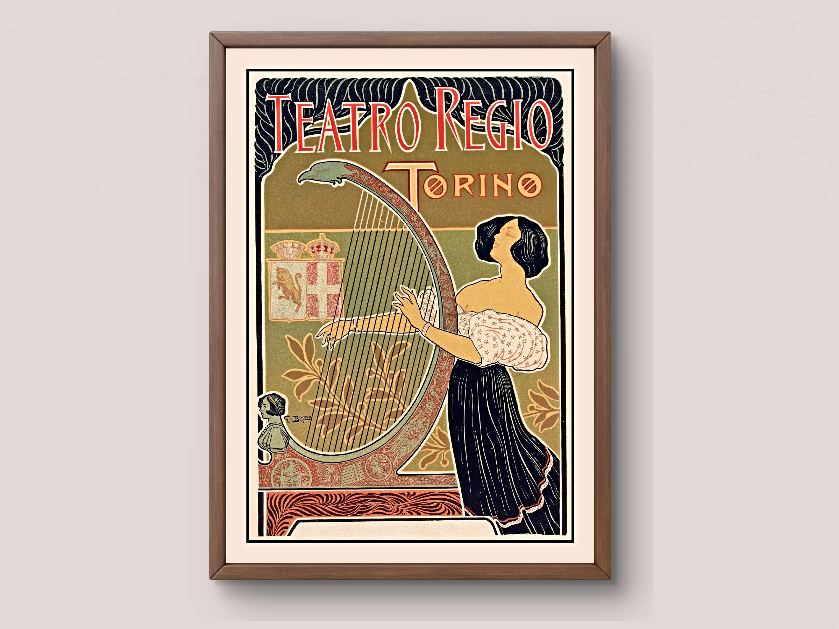 Italian Teatro Regio Torino Poster | Vintage Music Harp Art Print