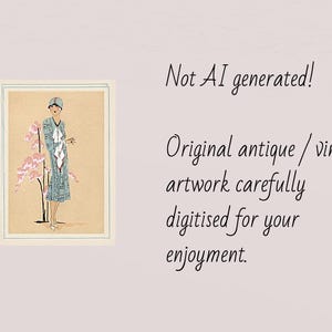 1920s Art Deco fashion illustration from Tres Parisien magazine showing a stylish woman in powder blue dress with white tie collar and matching cloche hat, standing beside pink cherry blossoms. Digital wall art from French vintage fashion publication.