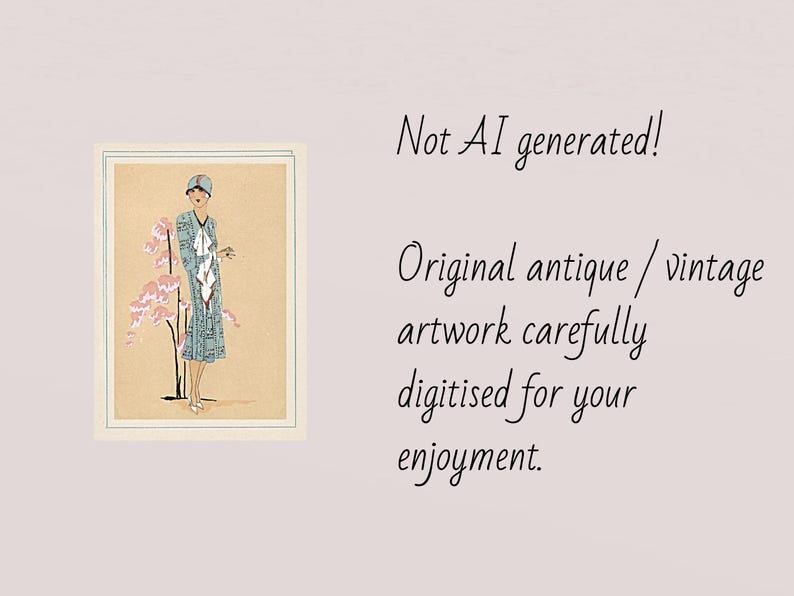 1920s Art Deco fashion illustration from Tres Parisien magazine showing a stylish woman in powder blue dress with white tie collar and matching cloche hat, standing beside pink cherry blossoms. Digital wall art from French vintage fashion publication.