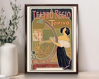 Italian Teatro Regio Torino Poster | Vintage Music Harp Art Print