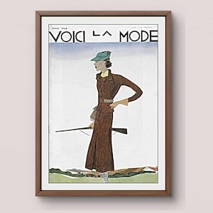 hunting print download, french fashion decor, art deco woman, magazine cover illustration 1920s 1930s, vintage home style, wall decor