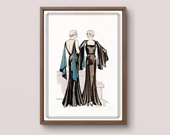 Art Deco Fashion Print | Ilustracja sukni wieczorowej z lat 30. XX wieku | Vintage Digital Download Wall Art | Rysunek w stylu flapper