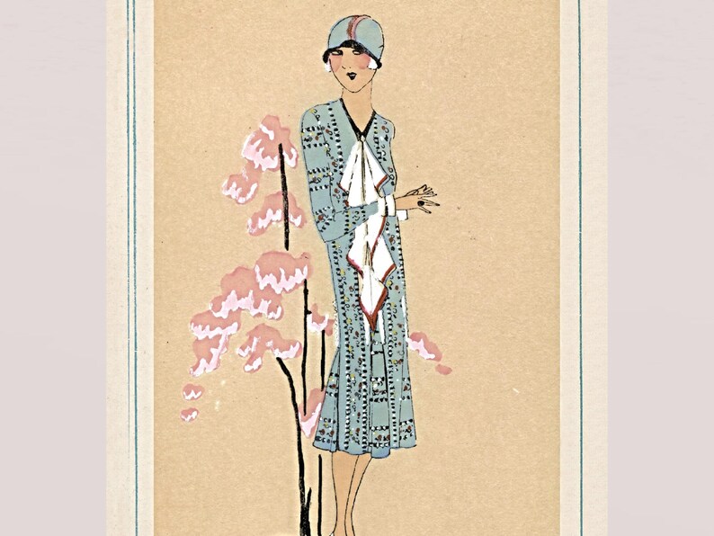 1920s Art Deco fashion illustration from Tres Parisien magazine showing a stylish woman in powder blue dress with white tie collar and matching cloche hat, standing beside pink cherry blossoms. Digital wall art from French vintage fashion publication.
