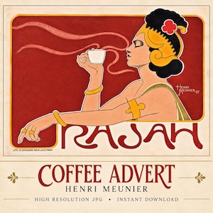 Art Nouveau Coffee Advert Print | Rajah Vintage Poster | Henri Meunier Lithograph Digital Download | French Advertisement Art