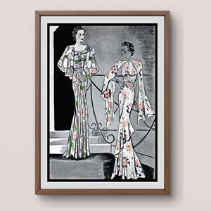 Ilustracja wieczorowej sukni kwiatowej z lat 30. XX wieku | Wydruk w stylu art déco | Scena w salonie vintage | Pobieranie cyfrowe