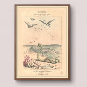Carta del serpente marino dei Tarocchi francesi / Oracolo La Mer et les Poissons / Arte marittima antica / Scaricamento della divinazione di protezione vittoriana