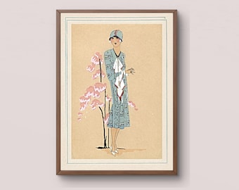 Impressão de moda francesa Art Déco, vestido azul dos anos 1920, download digital | Ilustração de arte de parede vintage, estilo melindrosa de Paris, revista Très Parisien