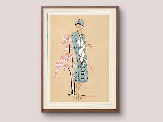 French Art Deco Fashion Print 1920s Blue Dress Digital Download | Vintage Wall Art Illustration Paris Flapper Style Très Parisien Magazine