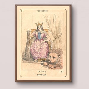Tarot français La Force en téléchargement numérique | impression d'art vintage carte de voyance | Image divinatoire antique de lion de bonheur des années 1800
