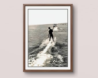 Vintage Water Skiing Photo | 1950s Black White Sports Photography | Athletic Man Wall Art Print | Retro Beach House Decor Digital Download
