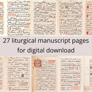 Medieval Manuscript Liturgical Prayer Book Pages, 27 Set Digital Download, Historical Latin Religious Text Prints, Ancient Music Sheet