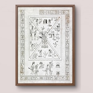 May include: A black and white illustration of a Mayan calendar, featuring a central figure surrounded by glyphs and symbols. The calendar is framed in a brown wooden frame.